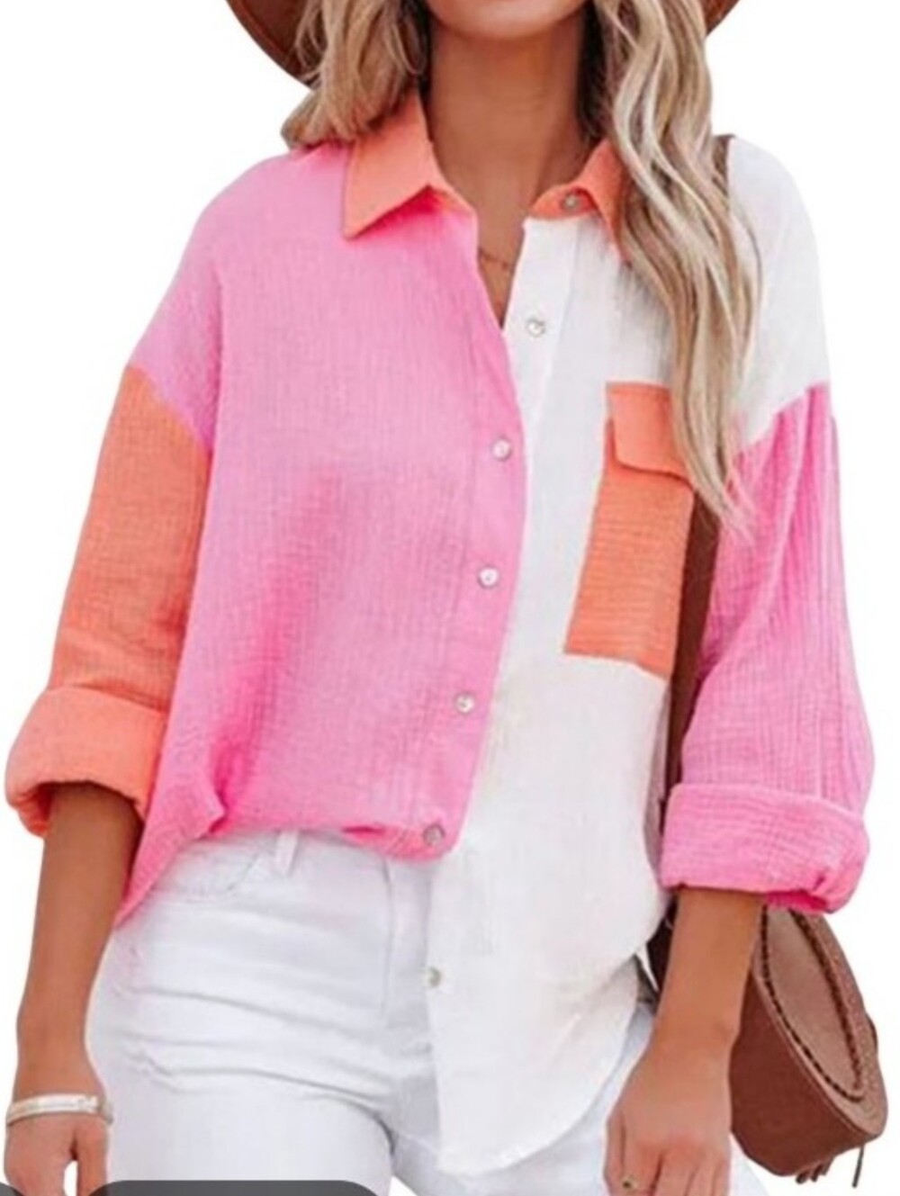 Entro Pink, Coral & White Colorblock Button-Down Gauze Shirt Medium